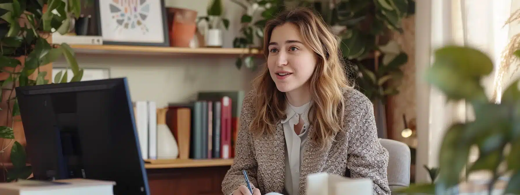 a therapist speaking confidently on a webinar, surrounded by a computer, notebook, and inspirational quotes, engaging with an attentive online audience.