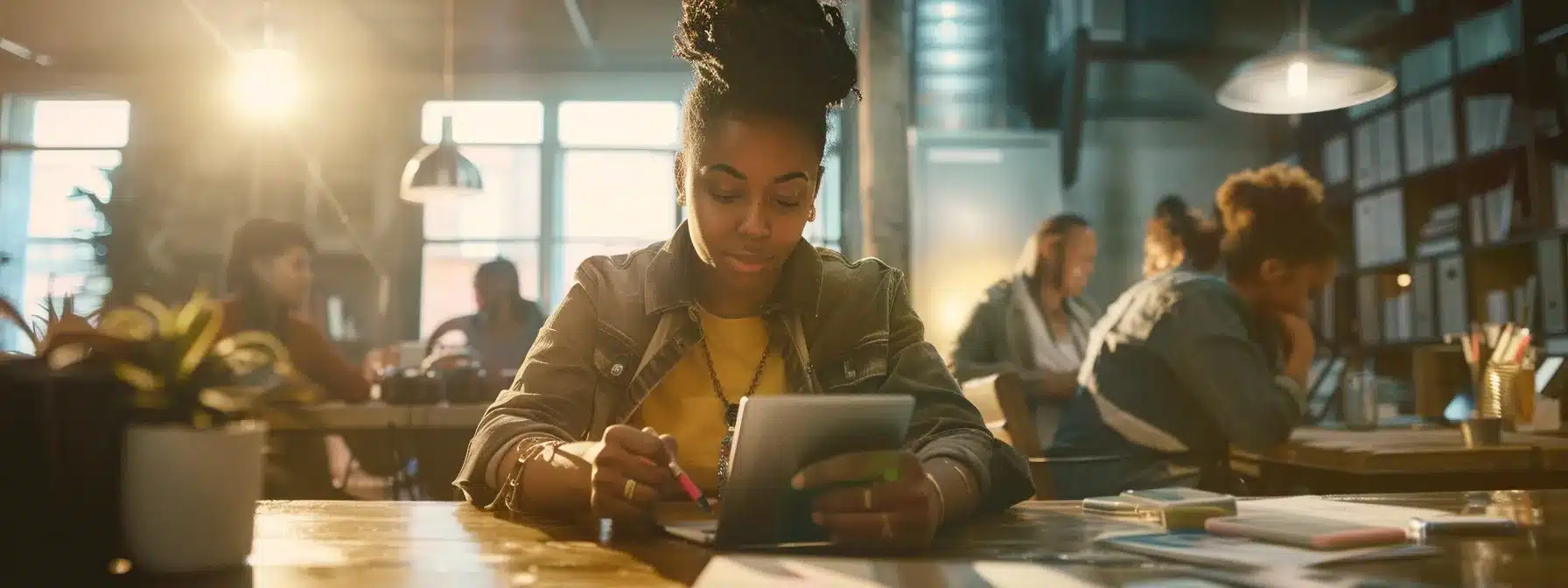 a therapist crafting a personalized email surrounded by a diverse group of engaged clients.