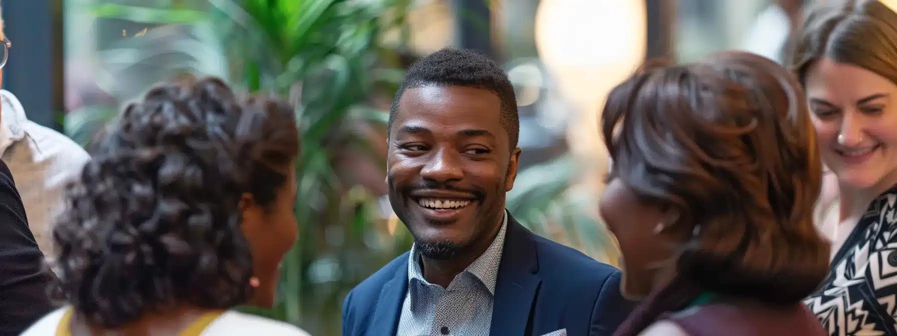 a group of diverse individuals from local businesses and organizations networking at a community event, sharing resources and building connections.