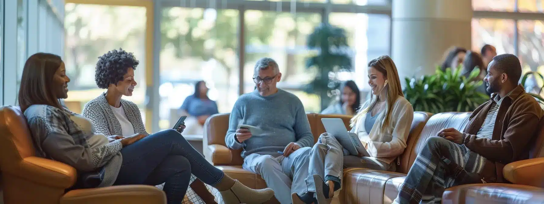 a diverse group of patients interacting with personalized content on digital devices in a modern waiting room.