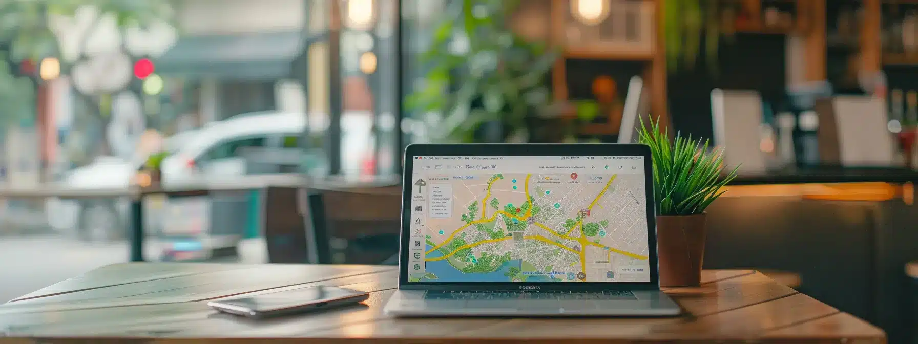 a laptop displaying a google my business profile surrounded by local maps and directories, showcasing a strong local seo strategy to reach nearby clients.