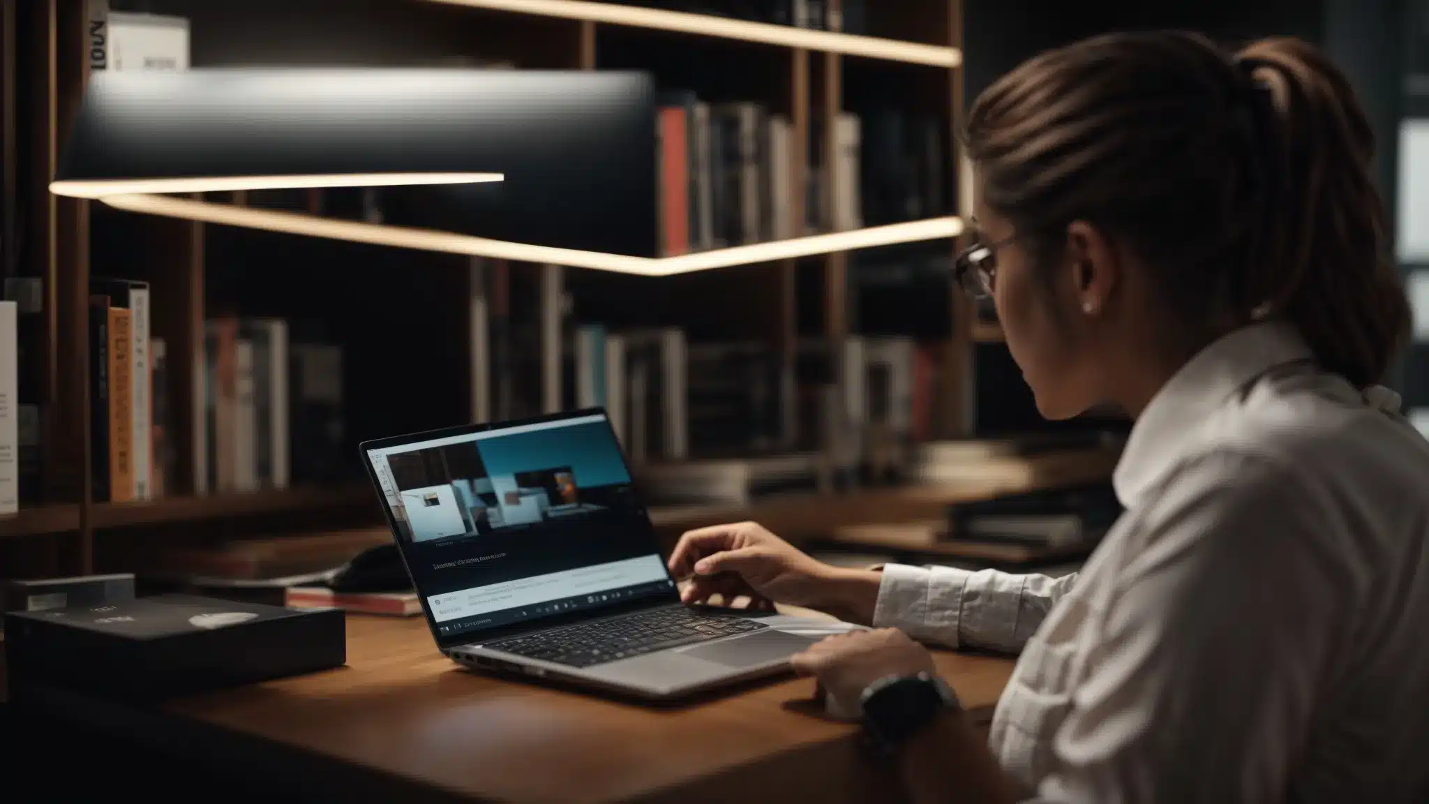 a therapist sitting at a modern desk, surrounded by informative books and a laptop with a sleek web design on the screen, exuding professionalism and expertise in content marketing.