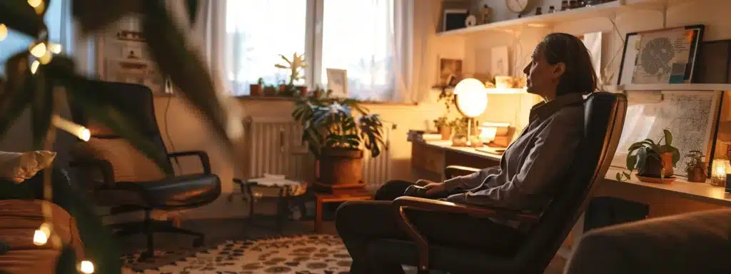 a psychotherapist sitting in a cozy office surrounded by warm, inviting decor, reflecting their unique voice and style.