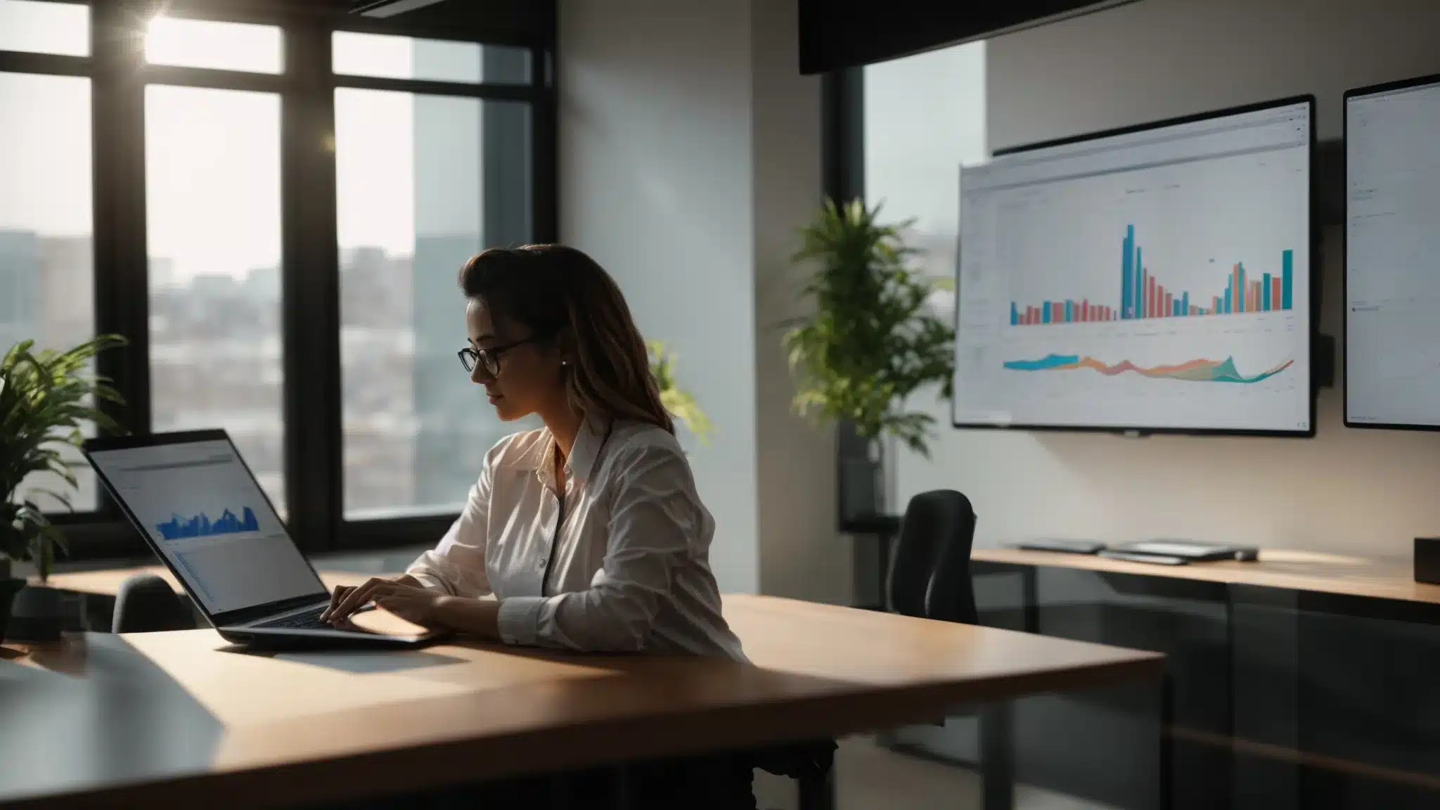 a therapist carefully analyzing data on a laptop screen, surrounded by charts and graphs, in a bright and modern office space.