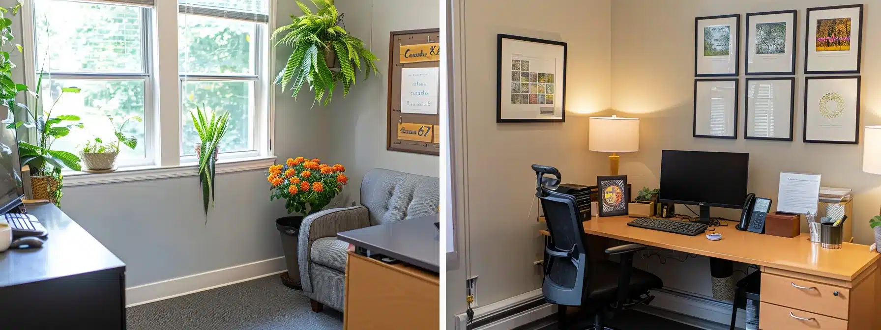 a therapist with a bright and inviting office setup, complete with photos of their services and accurate contact information, enhancing their visibility on google my business.