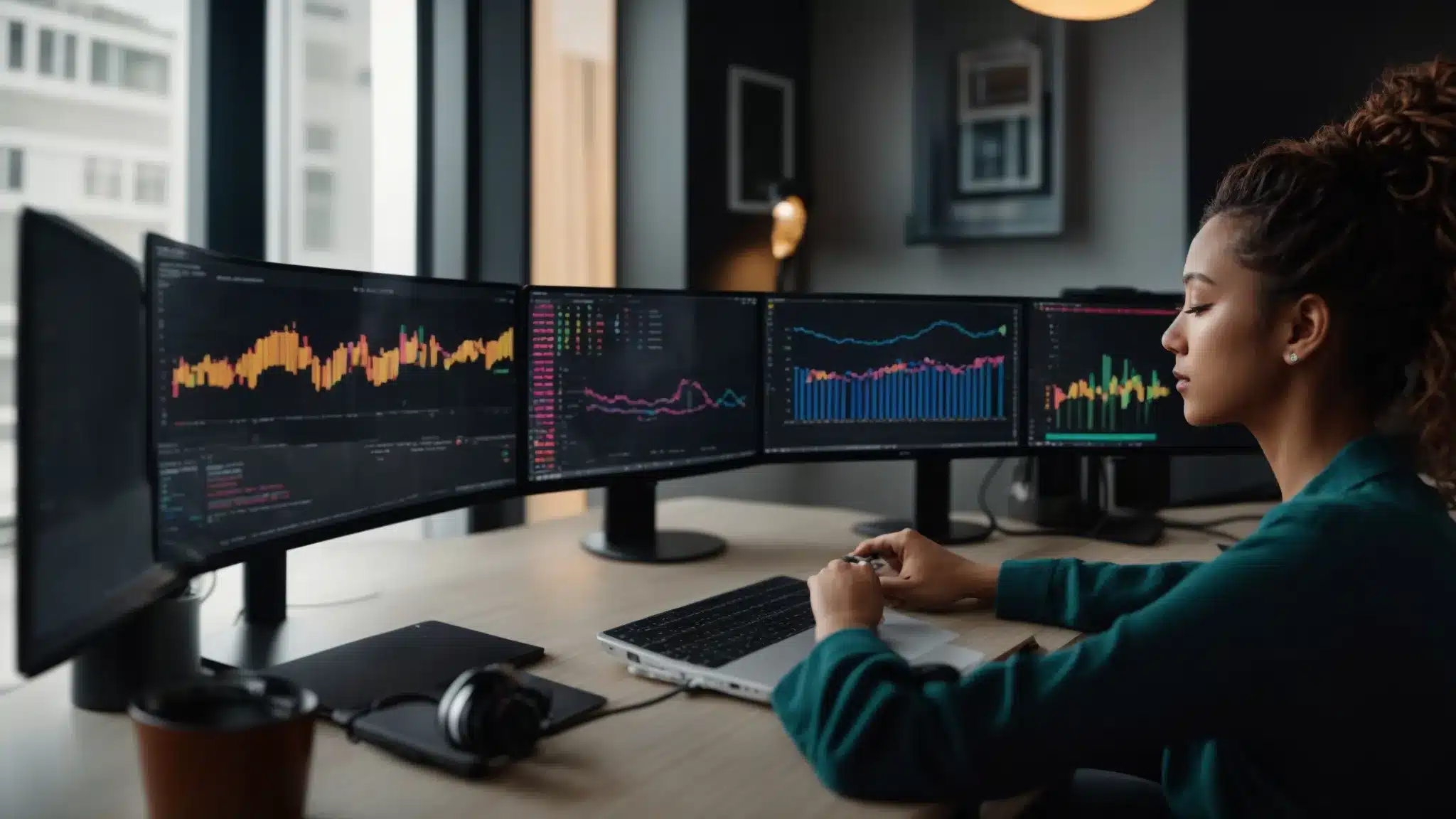 a woman analyzing website analytics on a computer screen, surrounded by colorful graphs and charts, focusing on improving user experience.