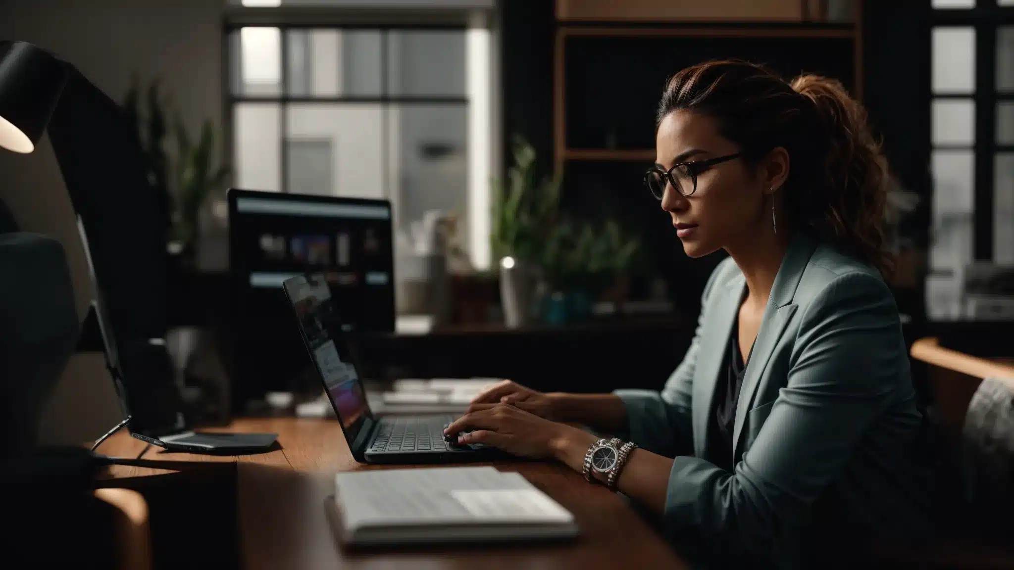 a therapist sitting at a desk with a computer, creating a personalized and authentic social media branding strategy.