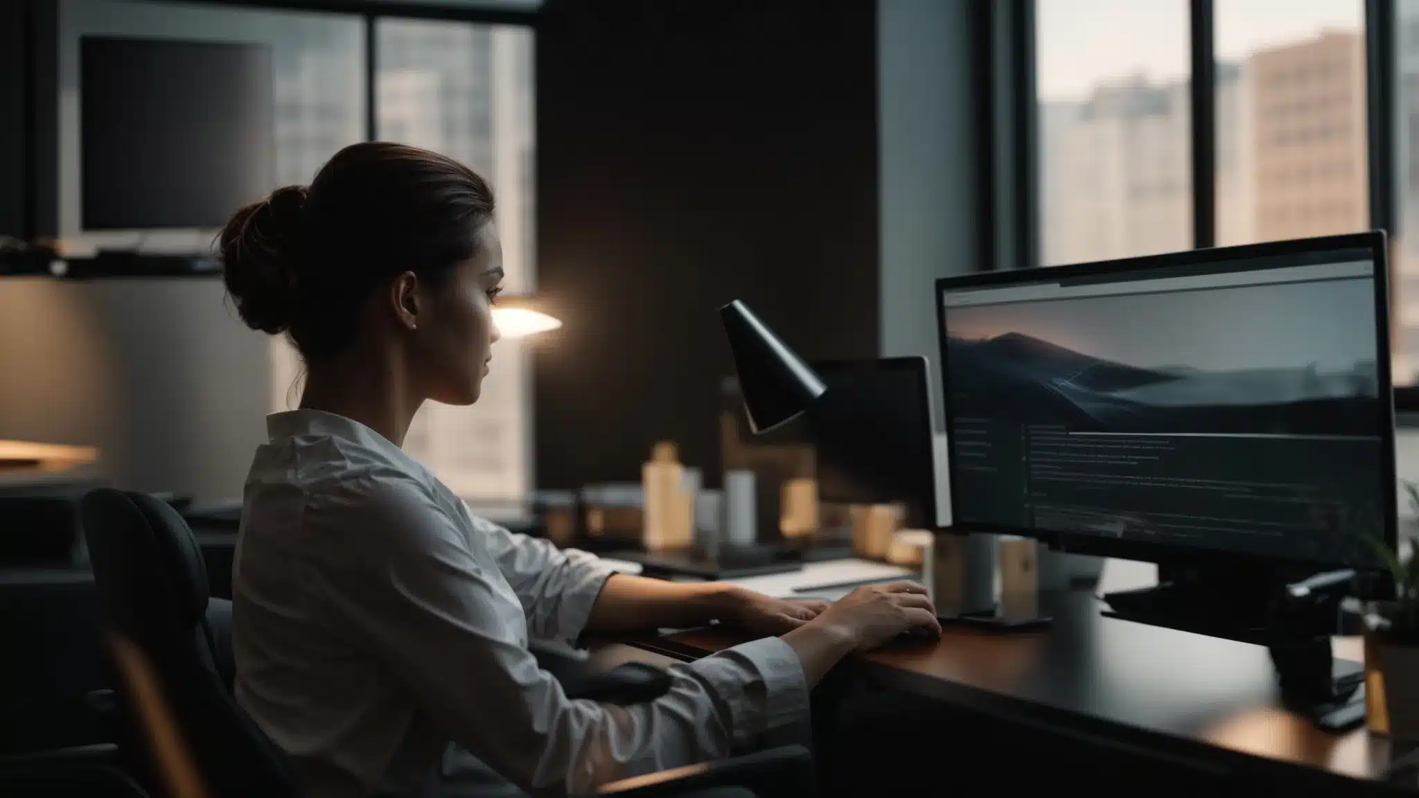 a therapist sitting at a sleek desk, surrounded by modern technology and branding materials, confidently showcasing their professional website on a large computer screen.