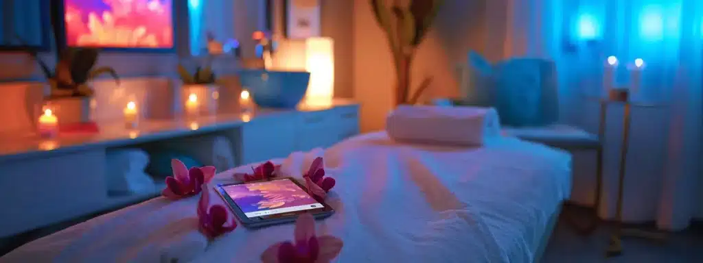 a serene therapy room with a glowing mobile device displaying a beautifully optimized website.