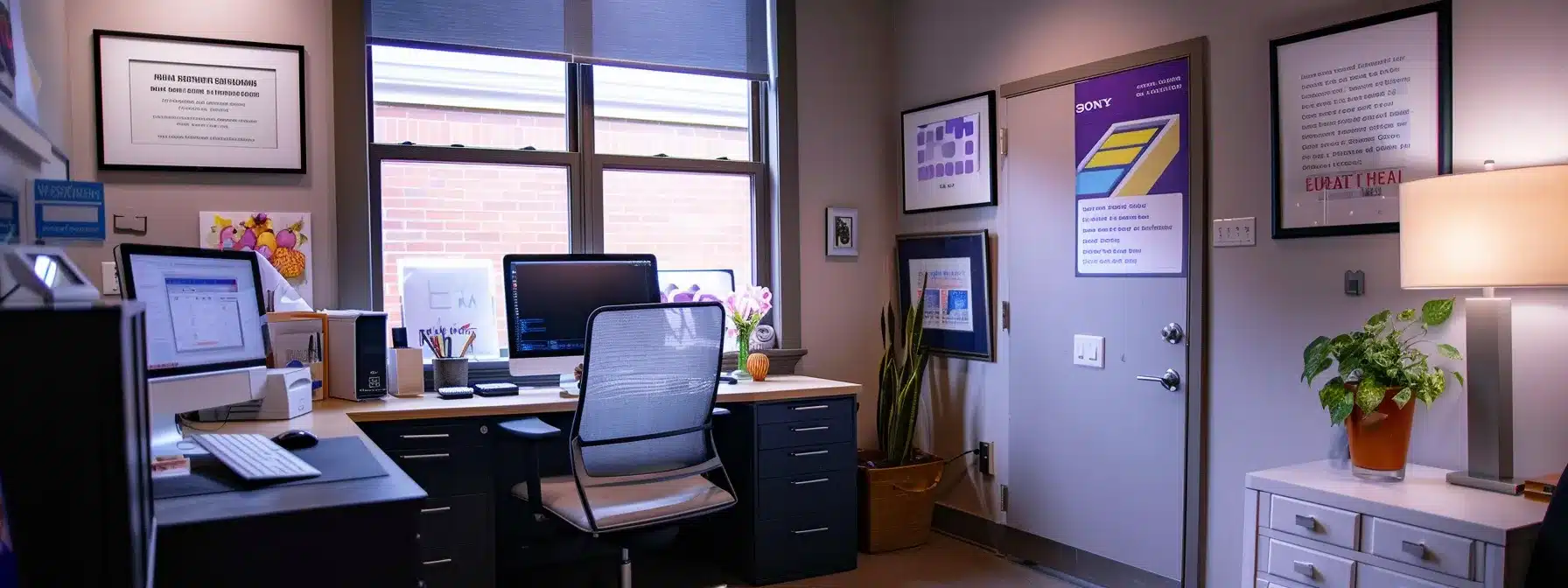 a photo of a therapist's office with a prominent google my business sticker on the door and a website displayed on a computer screen, surrounded by local business awards and certificates, highlighting the importance of local seo strategies for enhancing visibility and attracting clients.