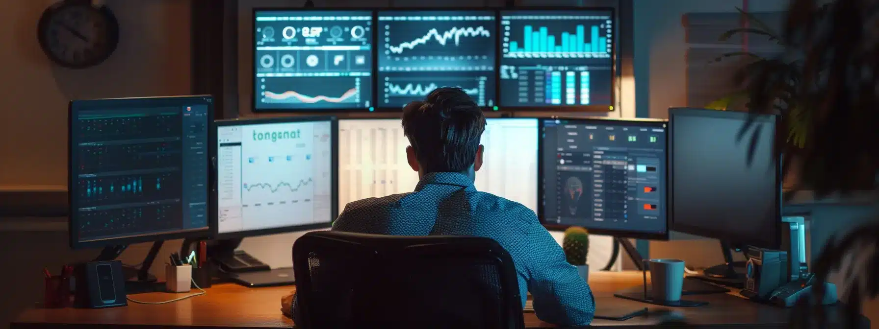 a therapist sitting at a sleek desk, surrounded by computer monitors displaying detailed analytics and social media scheduling platforms.