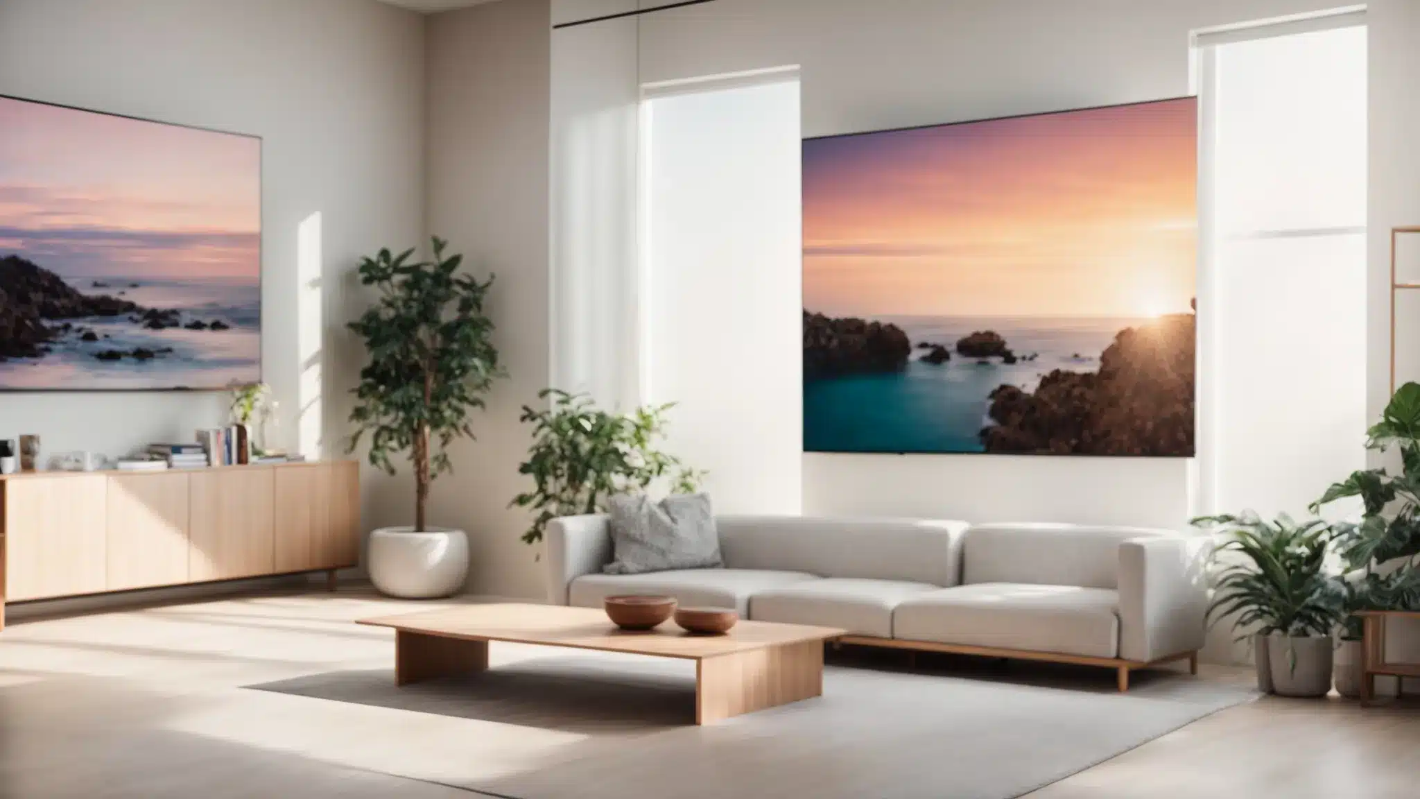 a serene office waiting room filled with natural light, showcasing a vibrant poster of 