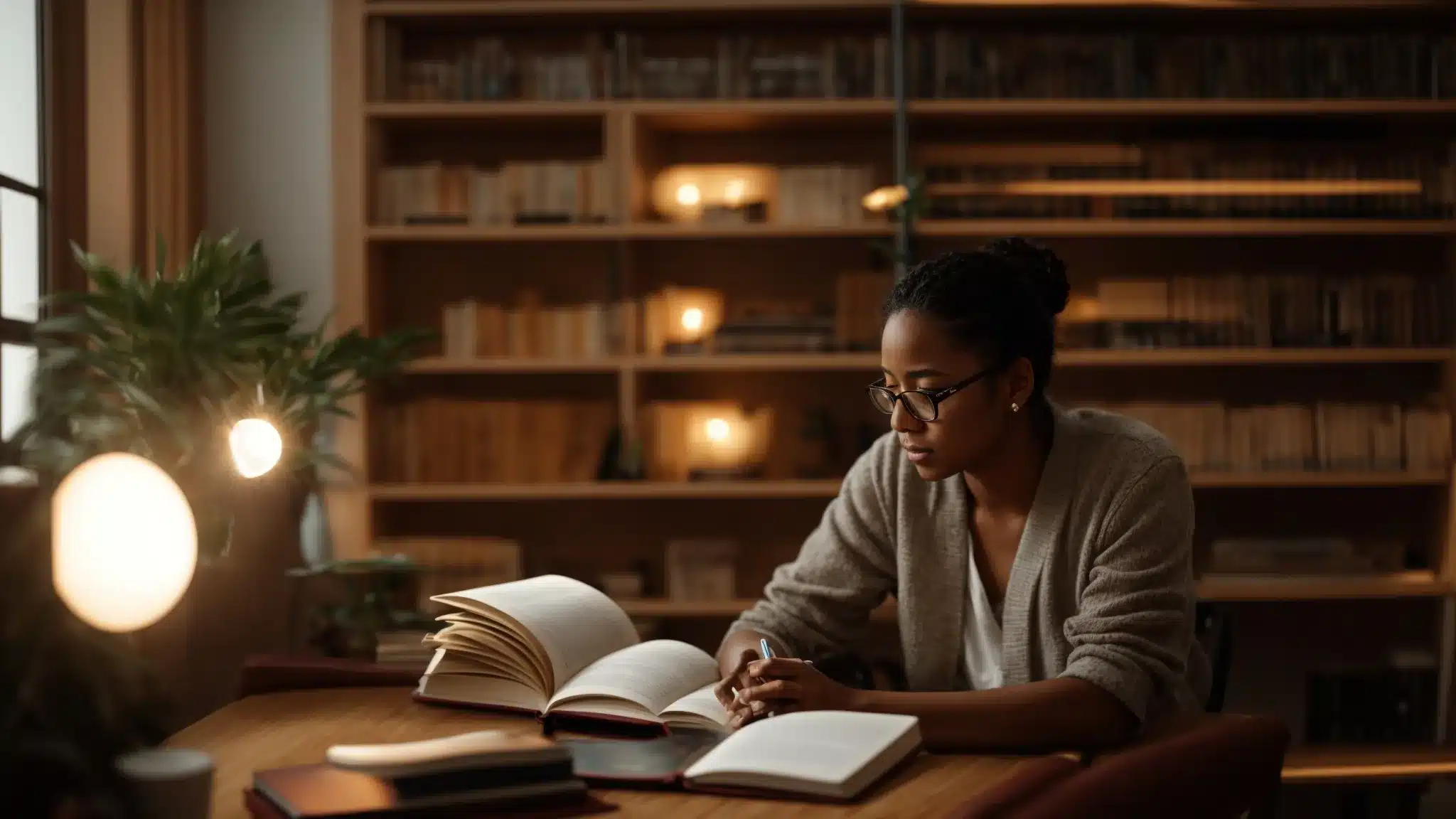 a therapist sitting in a serene, sunlit room surrounded by calming decor and engaging in reflective journaling, with shelves filled with therapeutic books and tools in the background.