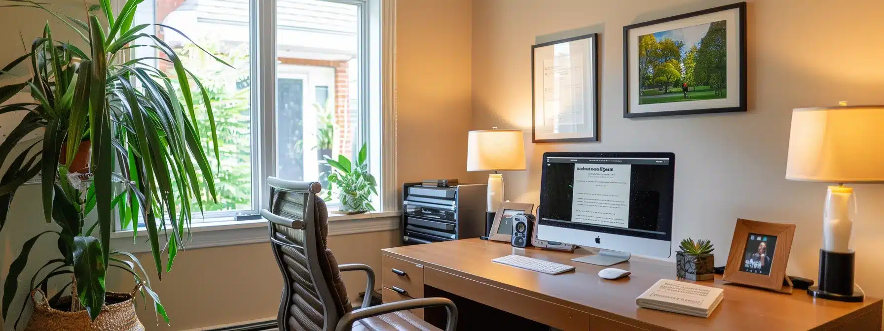 a therapist's cozy office with a welcoming website displayed on a computer screen, showing high search rankings on a vibrant, modern design.