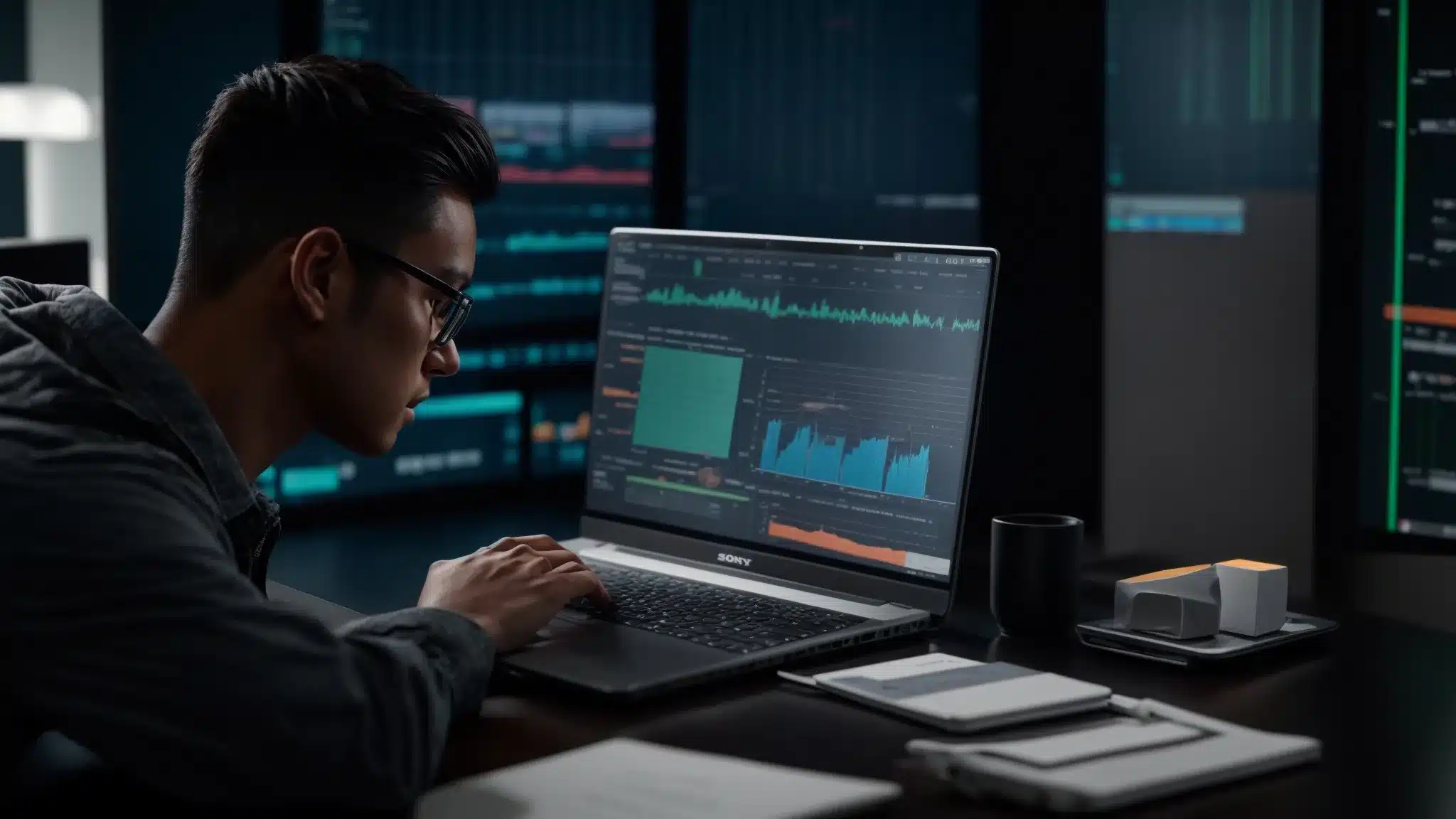 an individual analyzing data insights on a laptop, surrounded by charts and graphs, with a look of concentration and determination on their face.