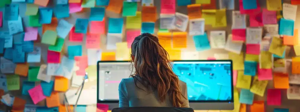 a person sitting at a computer surrounded by colorful sticky notes with keywords related to mental health written on them.