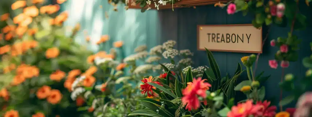 a therapist's office sign surrounded by vibrant flowers in a serene, inviting setting.