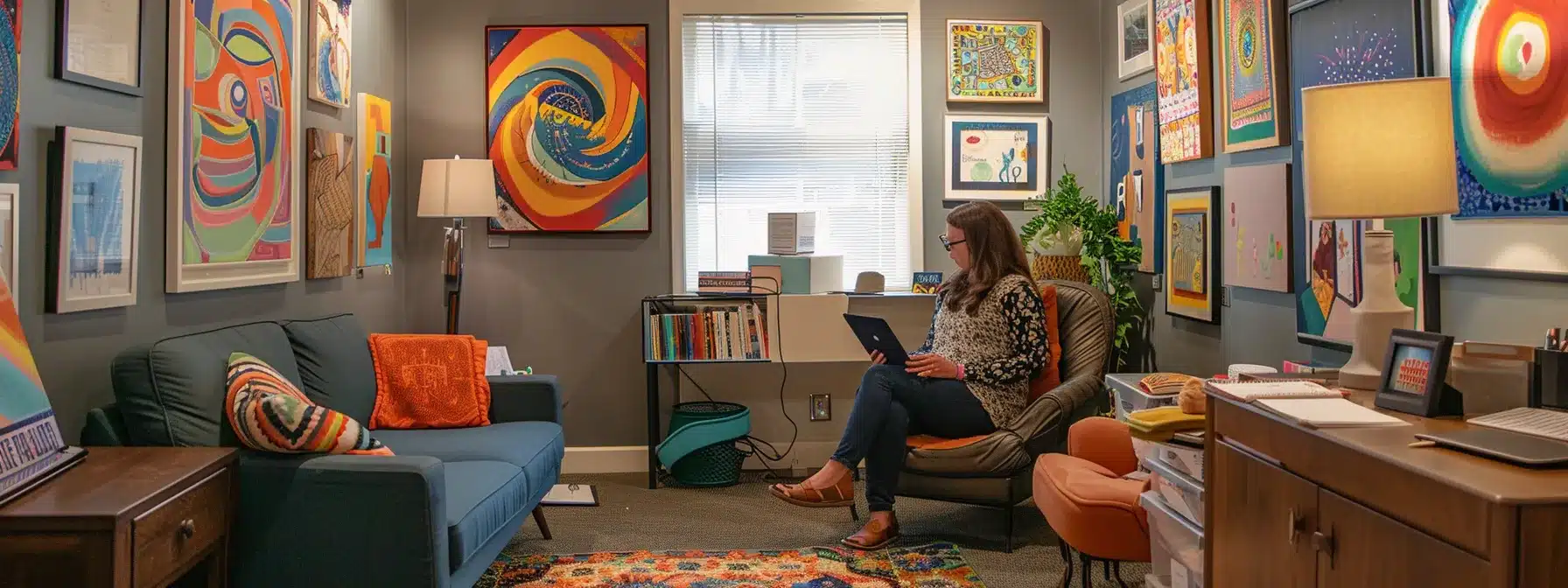 a therapist sitting in a cozy office, surrounded by colorful artwork and soothing decor, symbolizing their unique and personalized therapeutic approach.