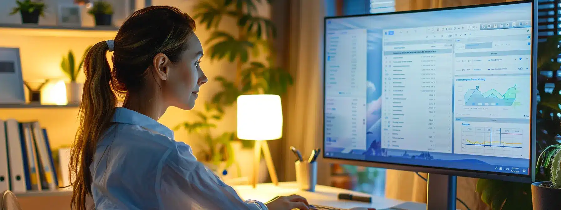 a therapist reviewing a computer screen filled with positive client feedback and alert notifications, signaling active online reputation management.