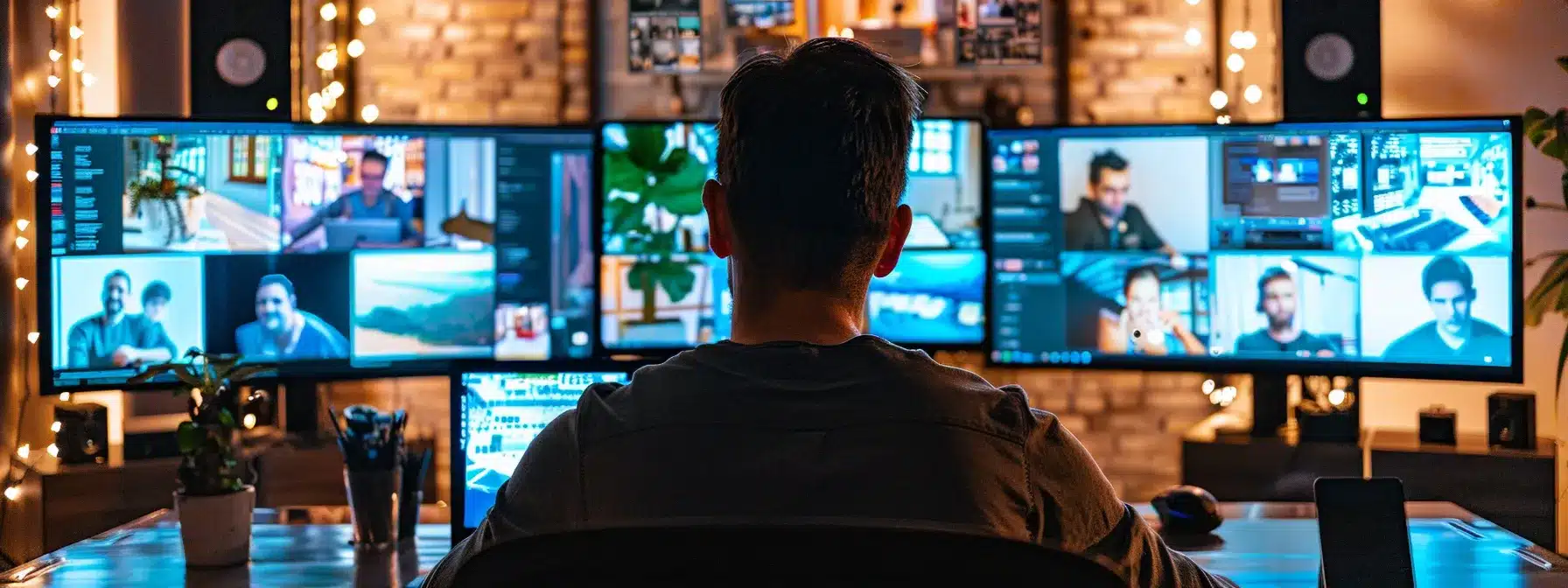 a person sitting at a sleek desk, surrounded by screens displaying engaging visuals and authentic stories for an online audience.