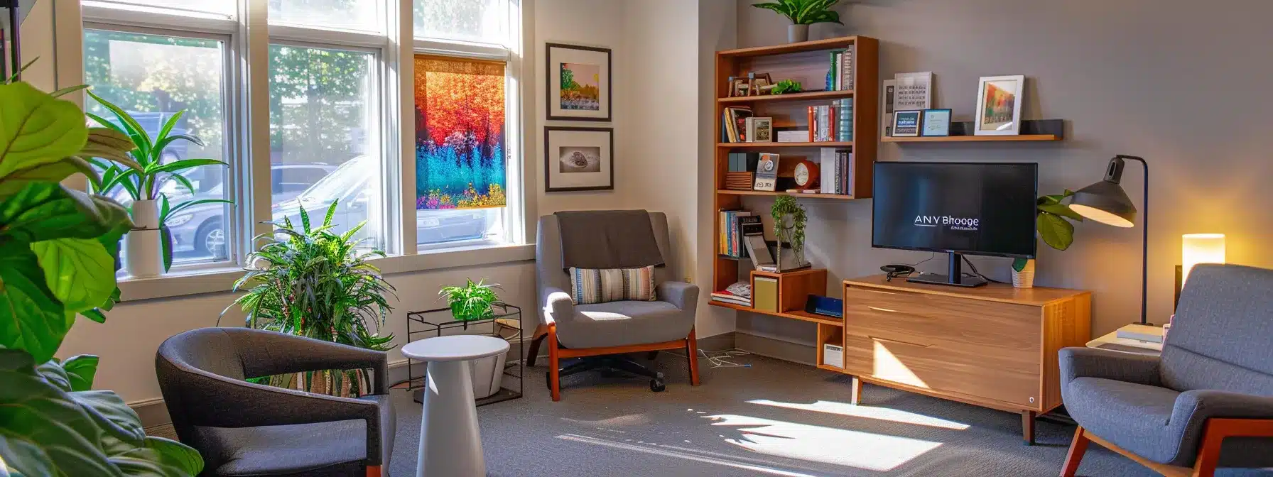 a therapist's office with a vibrant google business profile displayed on a computer screen, showcasing a warm and inviting waiting area to attract potential clients.