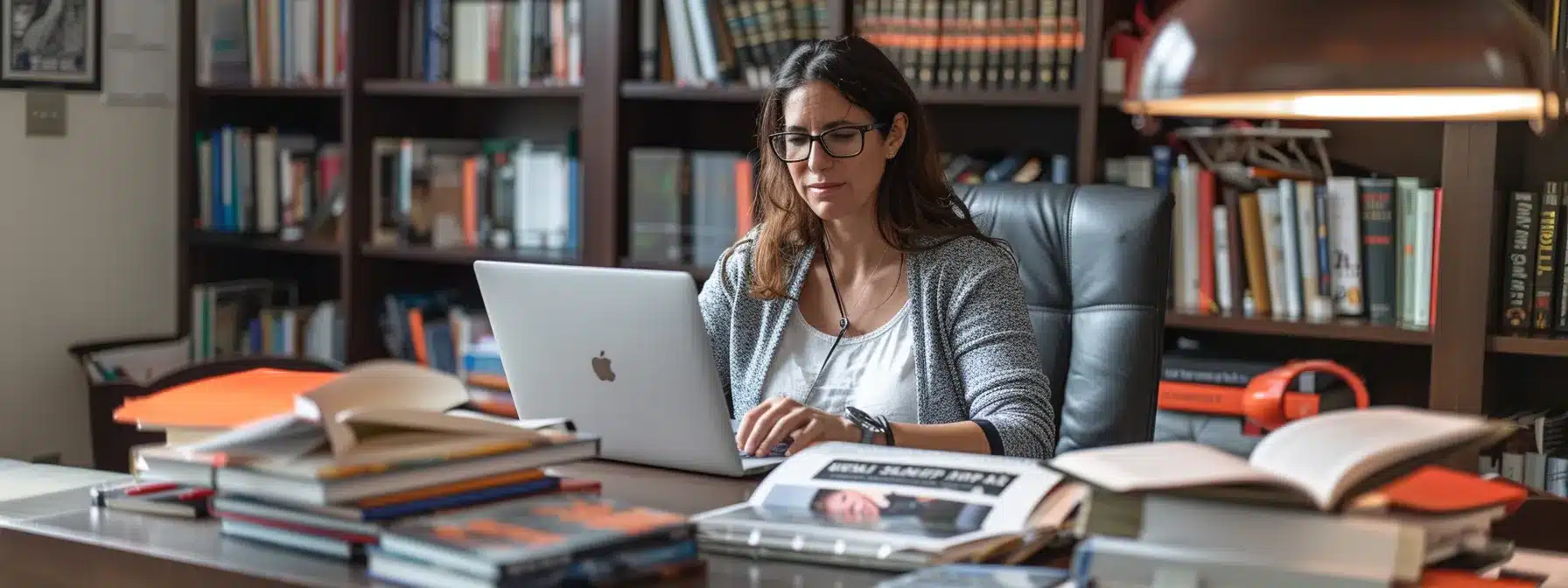 a therapist sitting at a desk, surrounded by open books and a laptop displaying a well-designed website with engaging content.