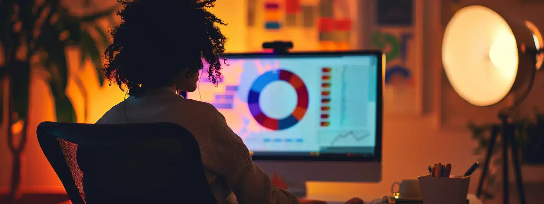 a therapist sitting at a computer, analyzing a colorful graph of high-impact keywords and client connection strategies.