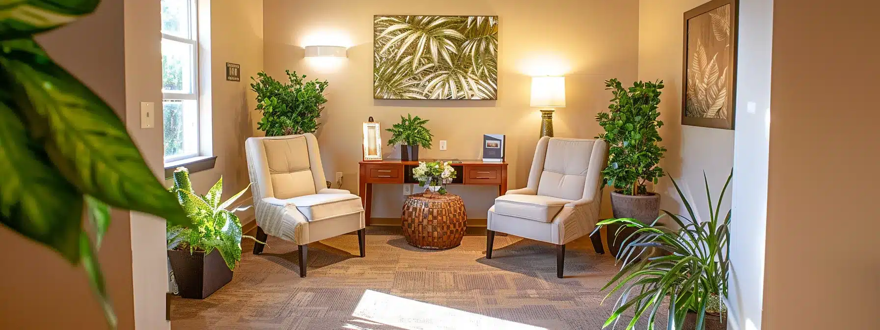 a therapist's cozy office with a welcoming sign promoting local services, surrounded by lush green plants and calming decor, creating a peaceful atmosphere for clients seeking counseling services.