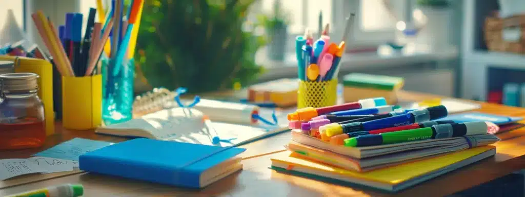 a therapist's office desk covered in vibrant notebooks, colorful markers, and soothing essential oils.