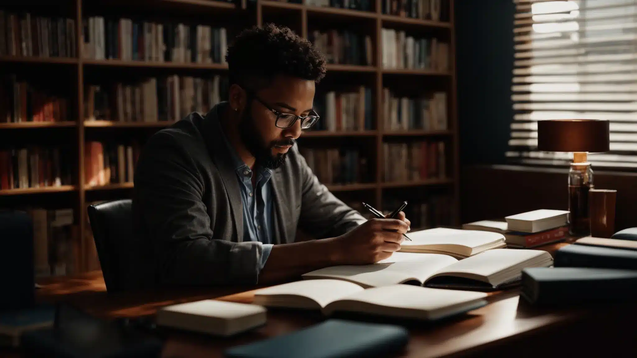 a psychotherapist engrossed in writing a personal and compelling story, surrounded by books and journals, crafting their authentic professional narrative.