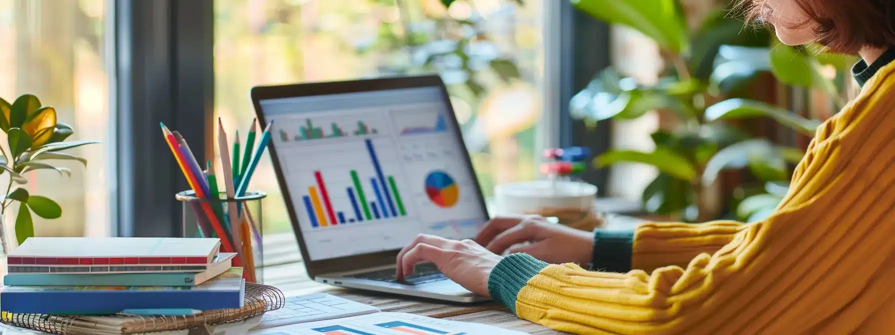 a person analyzing data on a laptop with colorful graphs and charts, surrounded by seo books and tools.