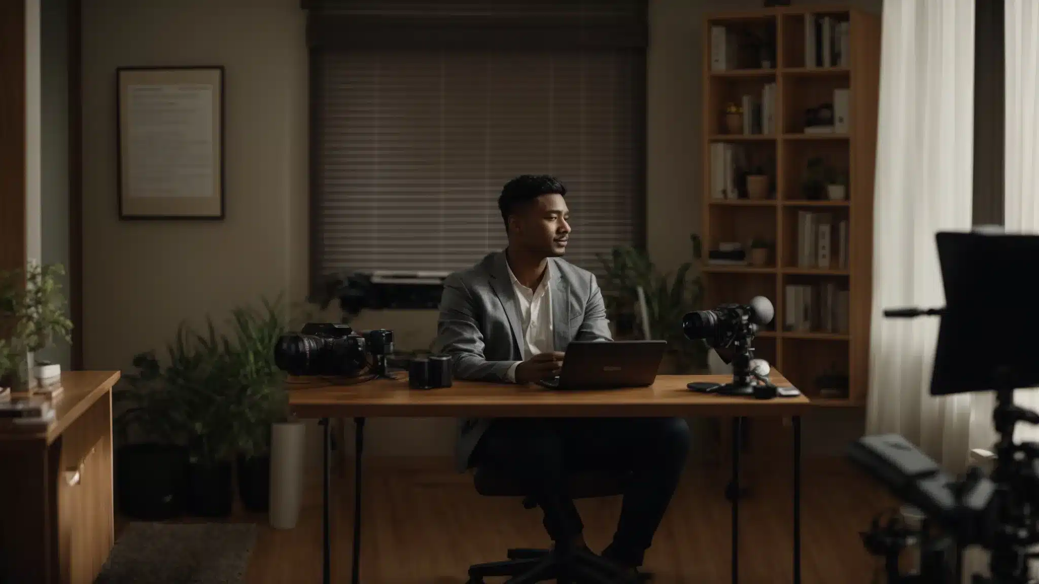 a therapist sitting in a cozy office recording a video explaining therapeutic concepts, surrounded by a microphone, camera, and script notes.