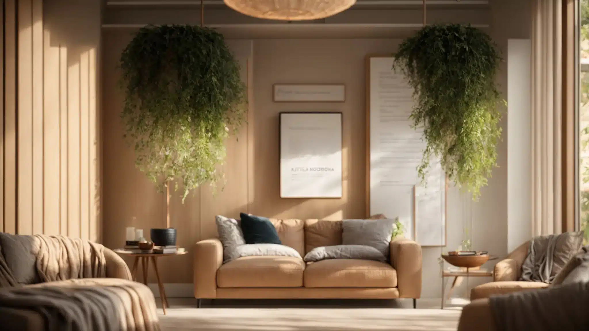 a therapist sitting in a serene, sunlit room surrounded by calming decor, with a mission statement displayed prominently on the wall.