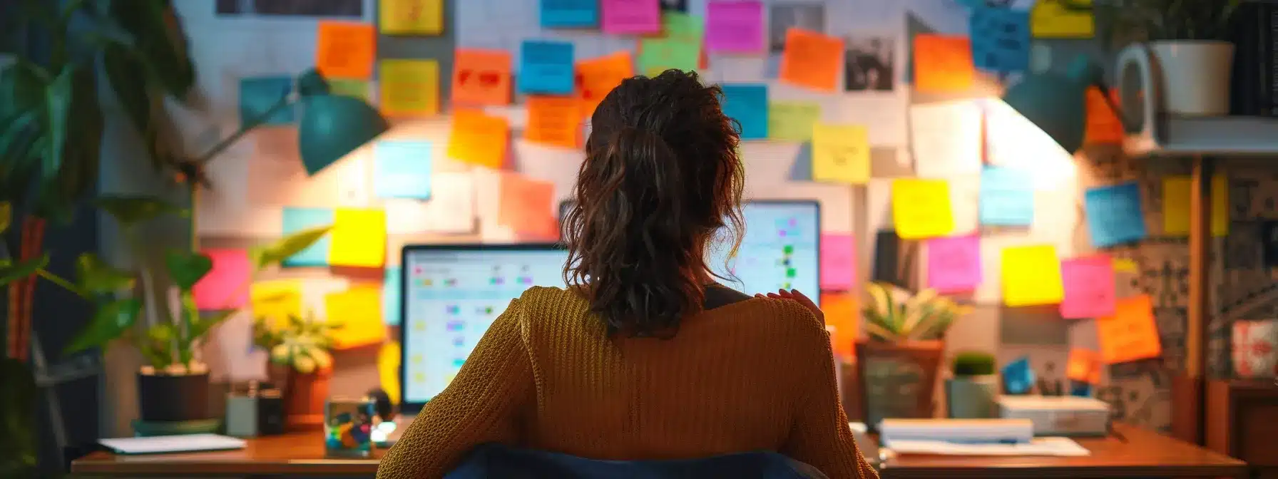 a therapist sitting at a desk, surrounded by colorful sticky notes and a digital content calendar, mapping out their content strategy.