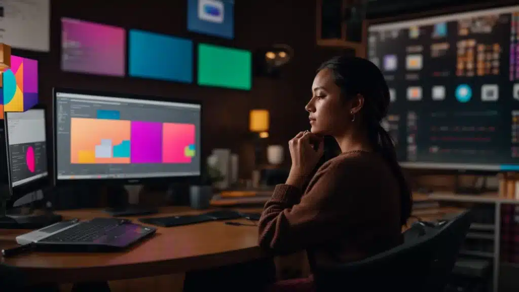 a therapist sitting at a desk, surrounded by colorful social media icons and analytics charts, creating engaging online content to boost their practice.