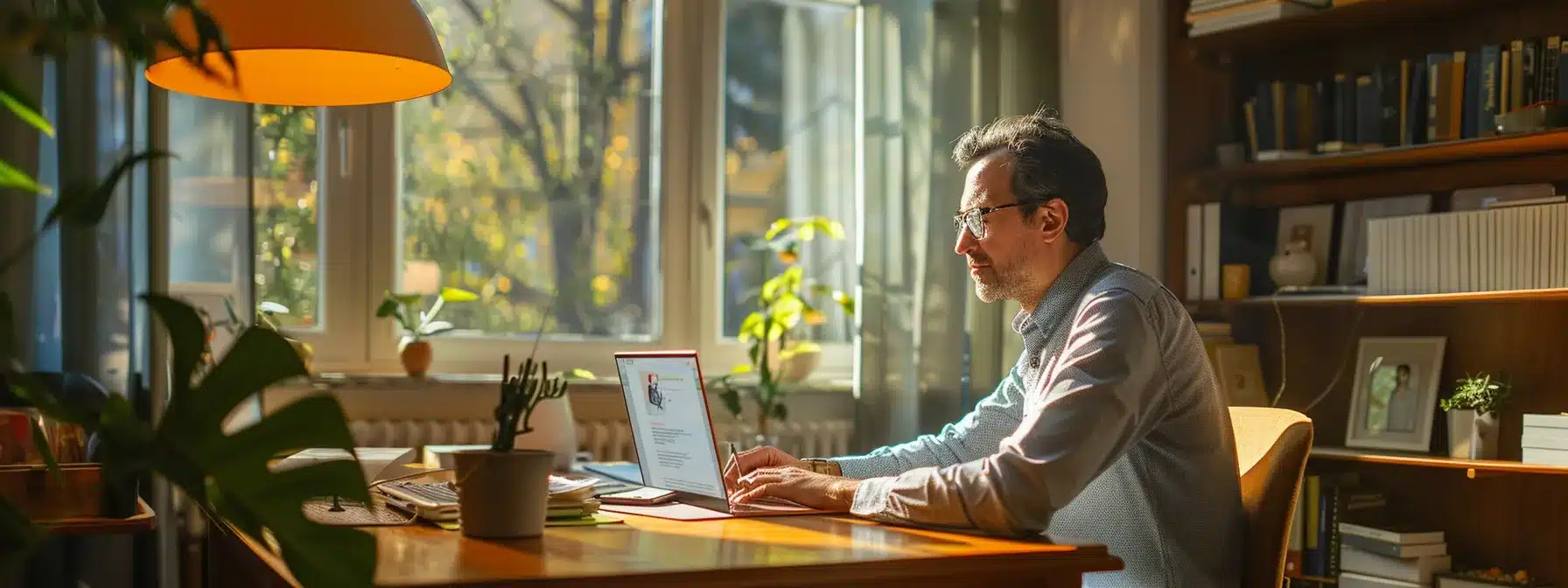 a therapist sitting at a desk, engaging with clients on social media, with a laptop open displaying positive feedback and messages.