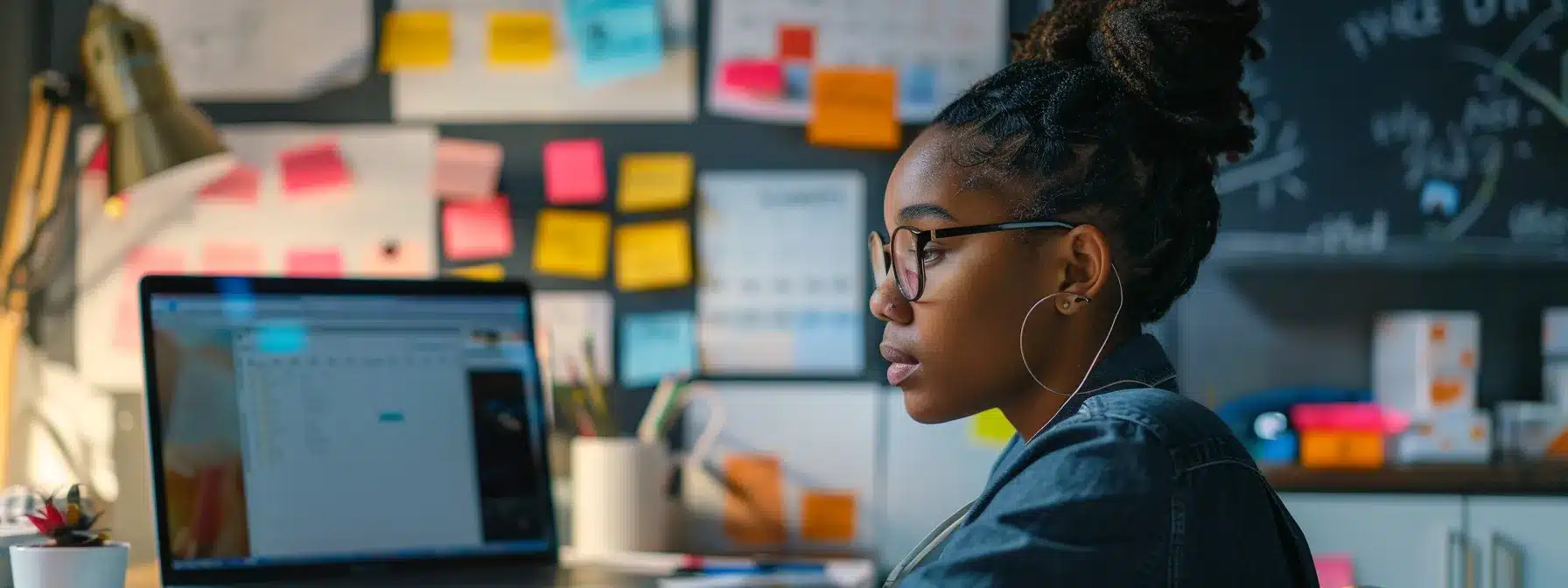 a therapist sitting at a desk, surrounded by colorful post-it notes and a laptop open to a social media content calendar.