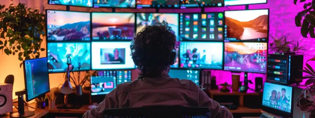 a therapist sitting at a computer, surrounded by multiple screens displaying vibrant social media platforms, blogs, and websites to maximize their online presence.