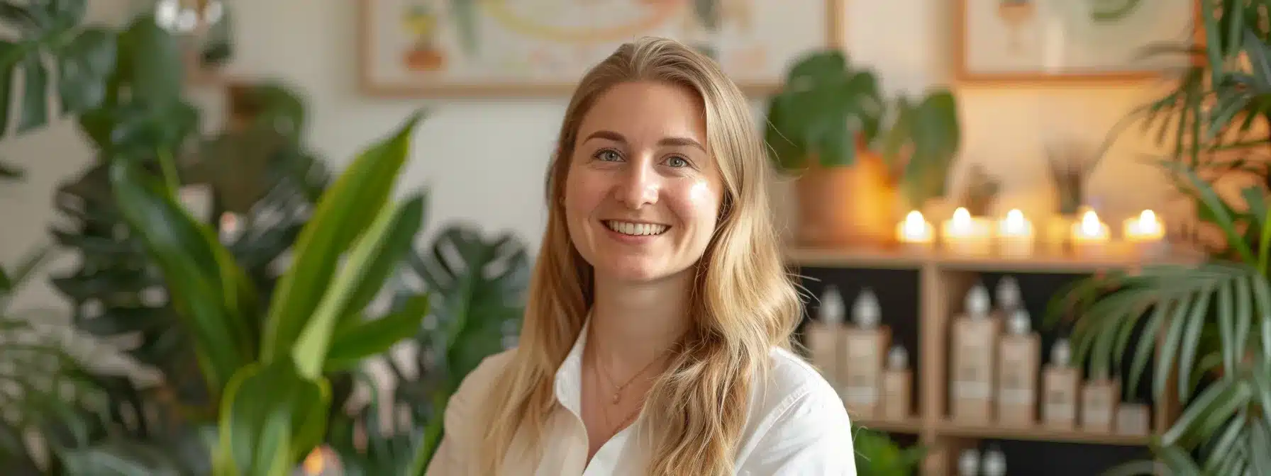 a therapist smiling in front of their beautifully decorated office, surrounded by calming images and plants.