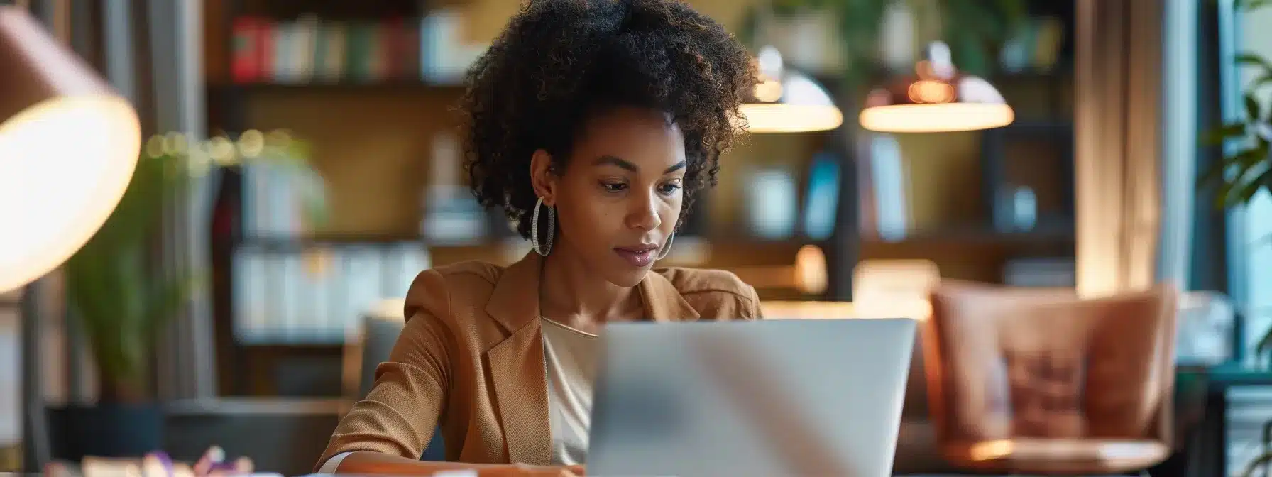 a focused therapist analyzing analytics data on a laptop, adjusting meta descriptions for maximum impact.