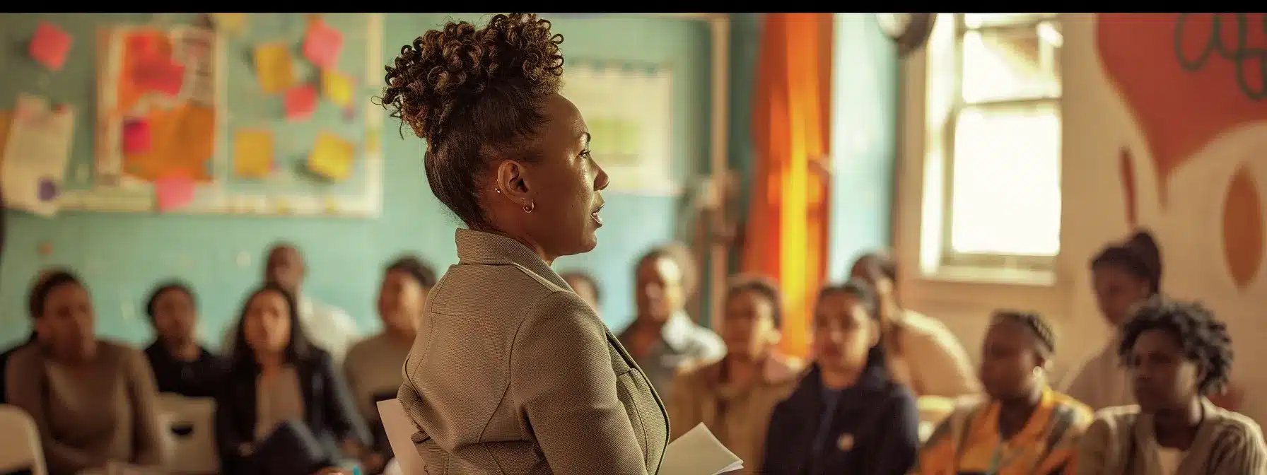 a therapist speaking at a community event, surrounded by local residents and representatives from local organizations.