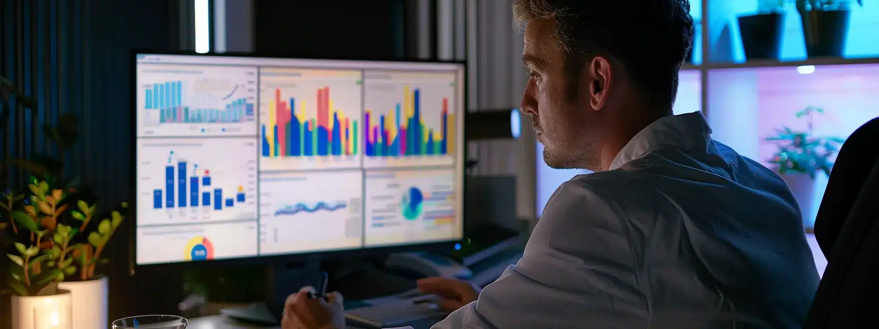 a therapist studying colorful charts and graphs on a computer screen, analyzing data to optimize their practice.