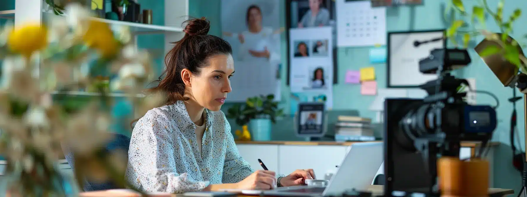 a therapist sitting at a desk, typing a blog post, with a video camera recording in the background, surrounded by success stories and a calendar marked with consistent publishing dates.