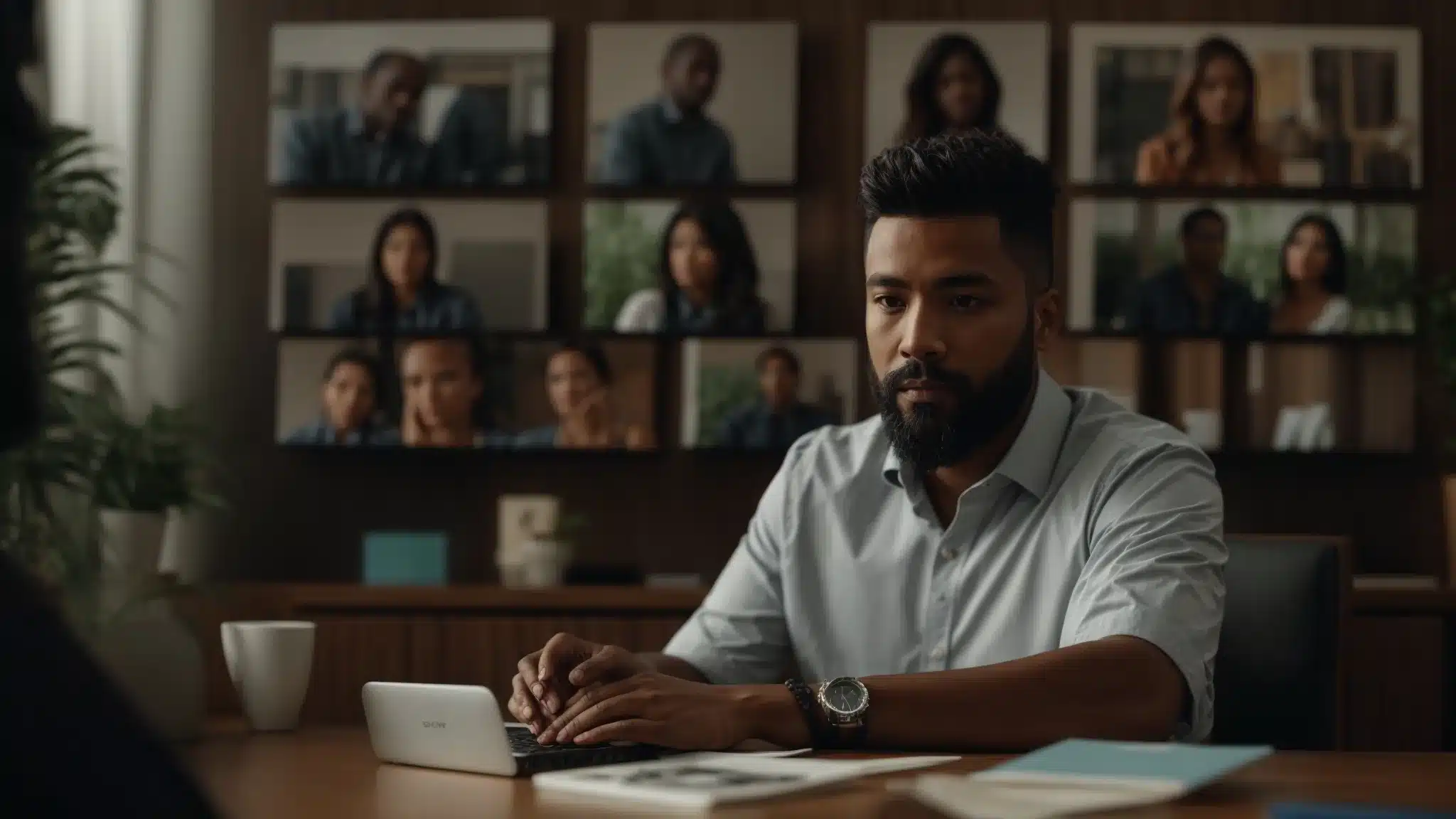 a therapist sitting at a desk with a diverse group of client personas creatively displayed on a wall behind them.