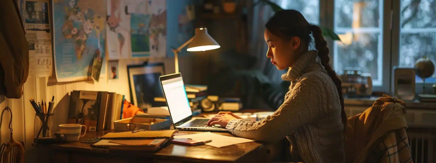 a therapist sitting at a desk, surrounded by maps and city guides, typing on a laptop with a focused expression.