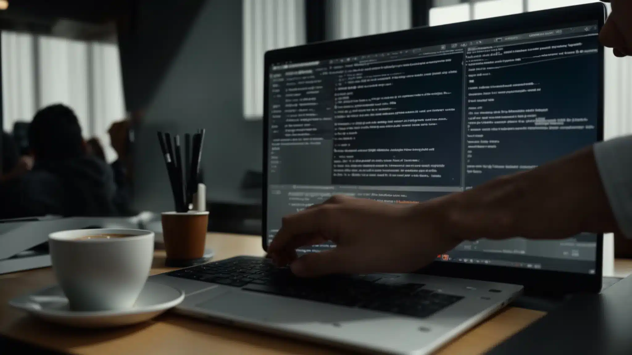 a person typing engaging meta titles and descriptions on a computer screen surrounded by keyword research notes and a cup of coffee.