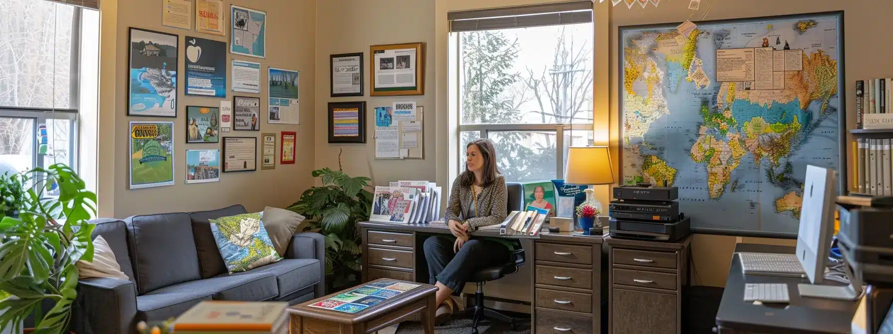 a therapist sitting in a cozy office surrounded by local maps, brochures, and photos of community events, creating a warm and inviting atmosphere for potential clients.