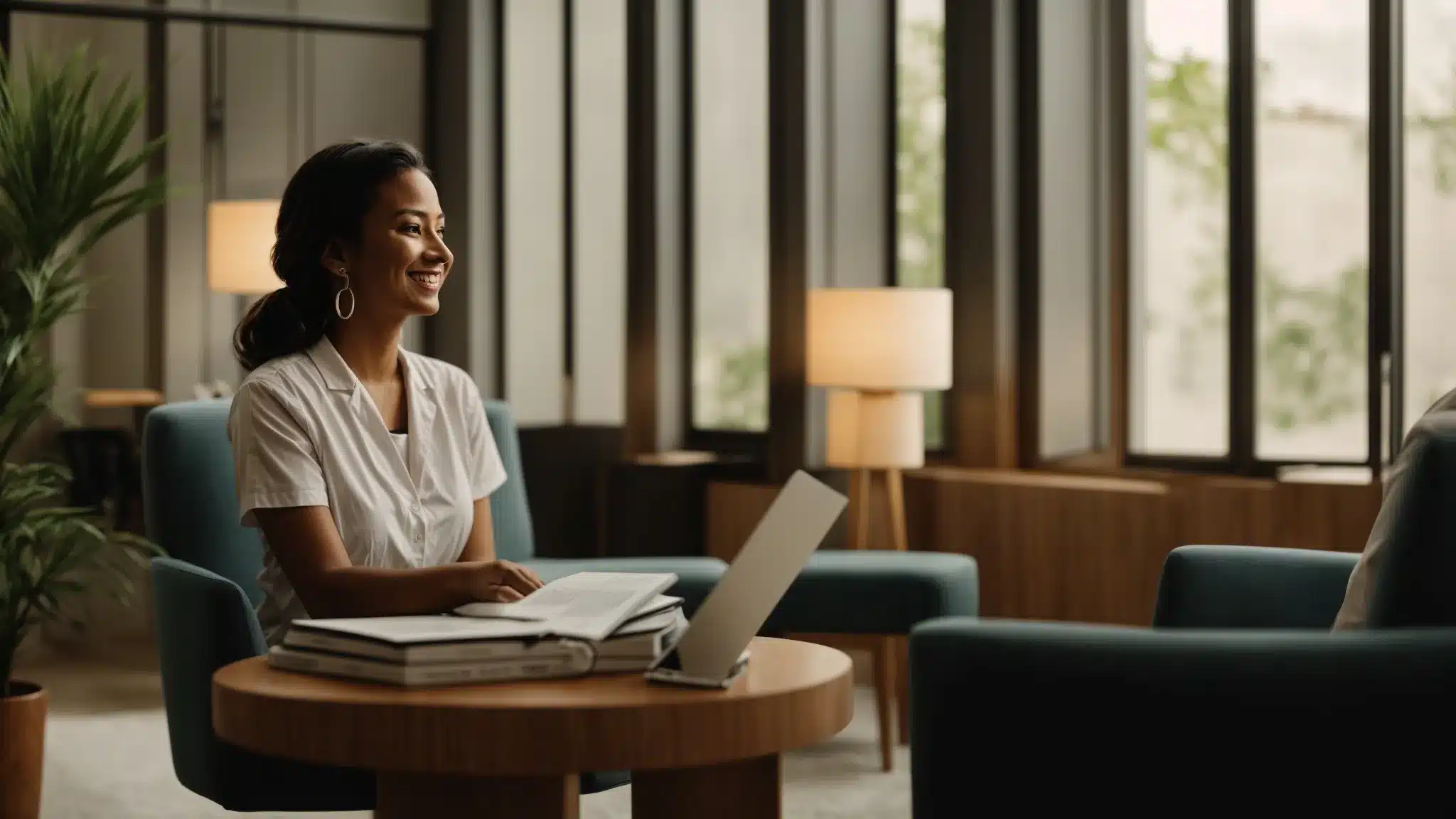 a confident therapist with a warm, inviting smile engaging in deep conversation with a client in a cozy and welcoming therapy office.