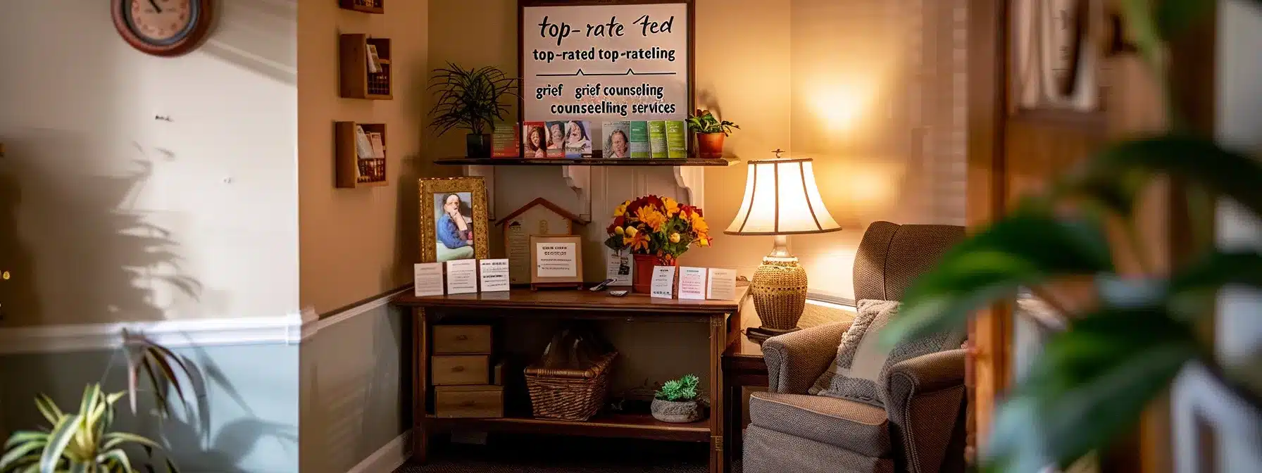 a serene counseling office with a warm and welcoming interior, featuring a sign displaying 