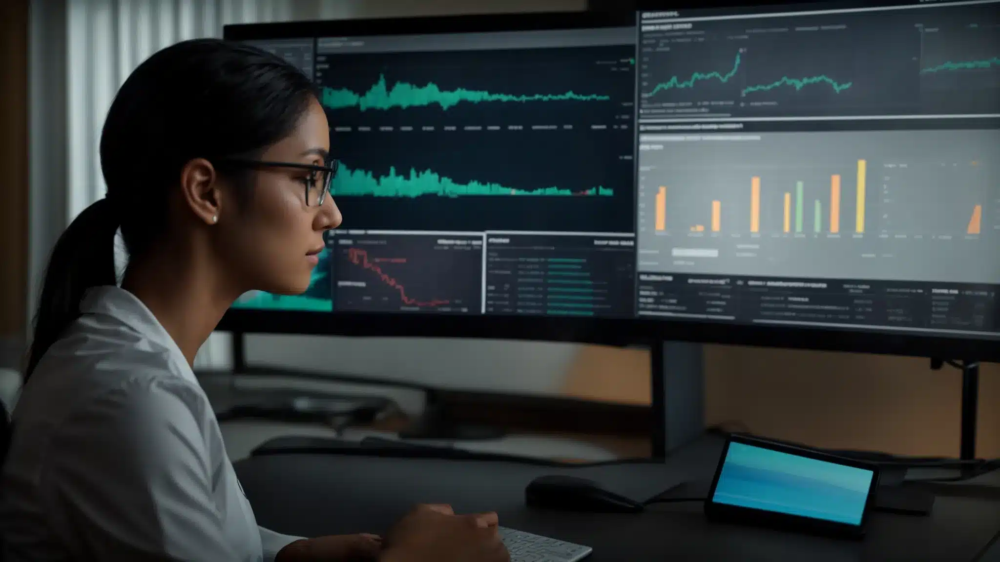 a therapist studying a computer screen displaying detailed analytics and keyword performance data, with a focused and analytical expression on their face.